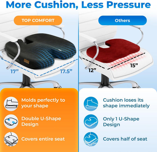 Seat Cushion, BodySync™ Technology with Non-Slip Gel & Memory Foam for Tailbone, Sciatica & Back Pain Relief, Office Chair Cushion, Car Seat Cushions for Driving (Black)