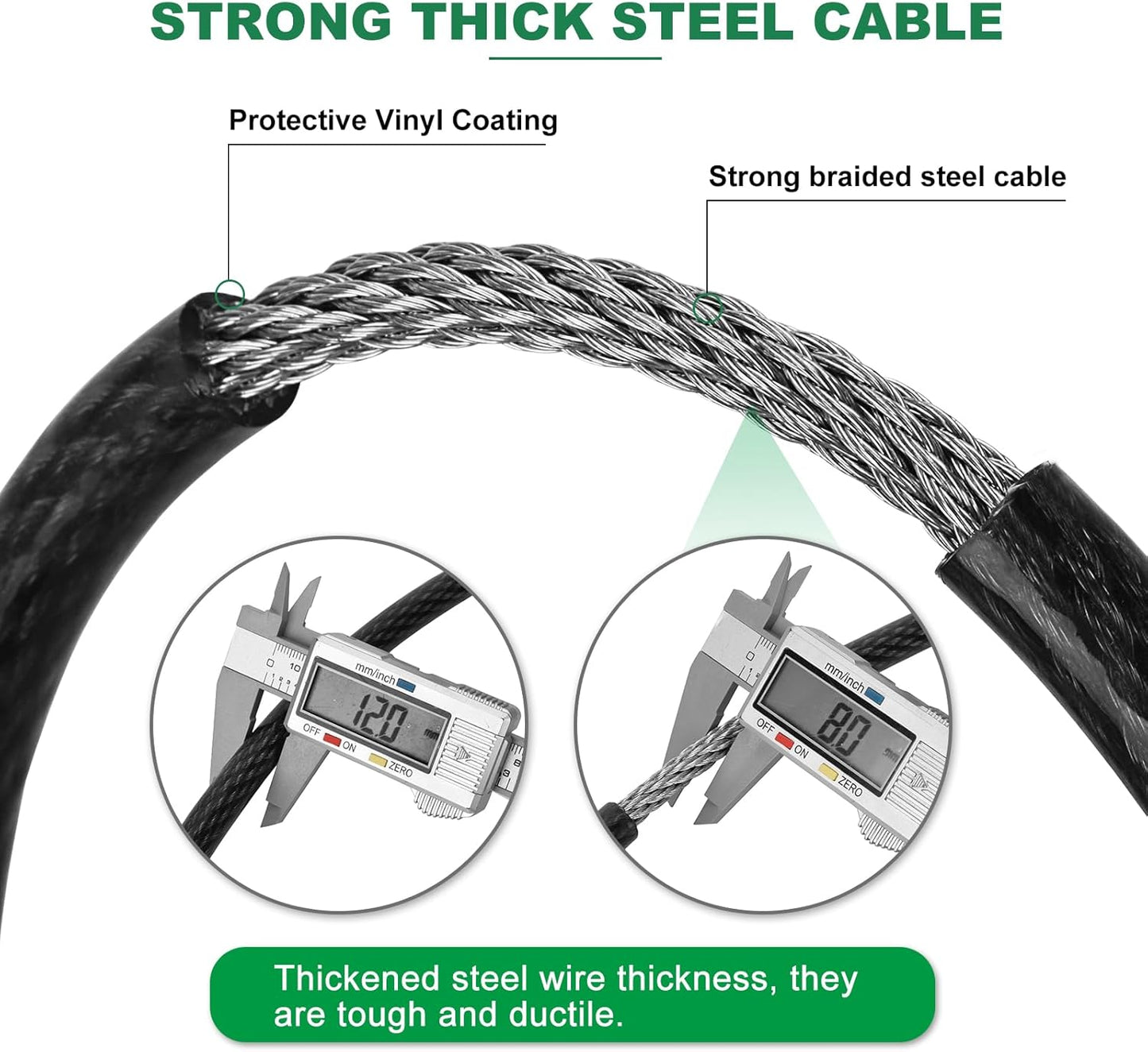 33 ft x 1/2" Heavy Duty Cut-Proof Security Cable | Flexible Vinyl-Coated Braided Steel with Looped Ends | Weatherproof Anti-Theft Locking Cable for Bikes, Gates, Kayaking & Outdoor Equipment