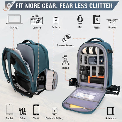 RAINSMORE Camera Backpack Hard Shell for DSLR/SLR Waterproof Camera Bag with Laptop Compartment 15.6 Inch Professional Camera Case with Rain Cover Photography Backpack Bag with Camera Lens Case Green