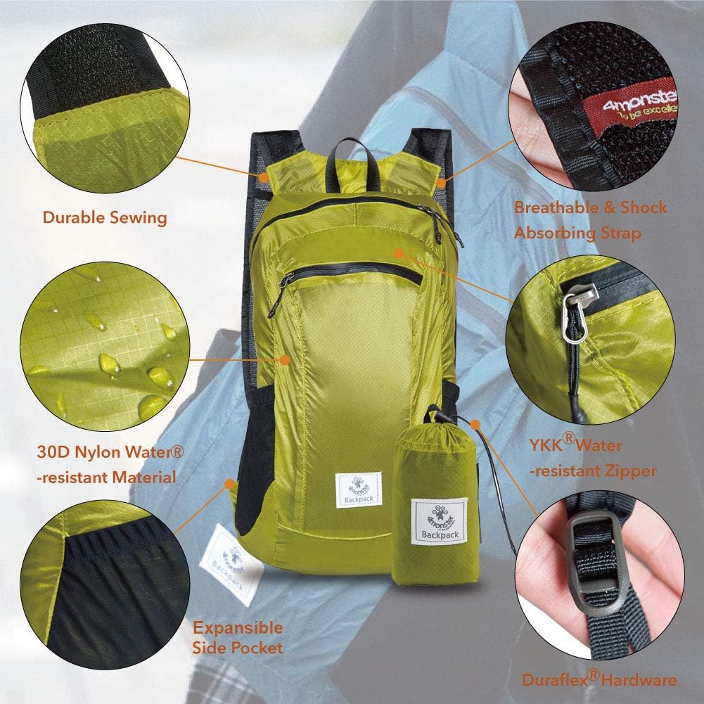 4Monster Hiking Daypack,Water Resistant Lightweight Packable Backpack for Travel Camping Outdoor