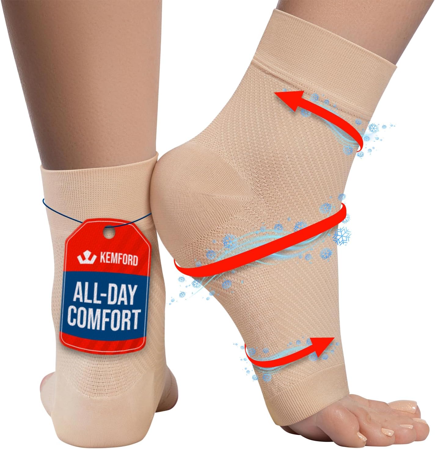 KEMFORD Ankle Compression Sleeve with Cooling Effect - Plantar Fasciitis Braces - Open Toe Compression Socks for Swelling, Sprain, Neuropathy, Arch Support for Men and Women - M, Beige
