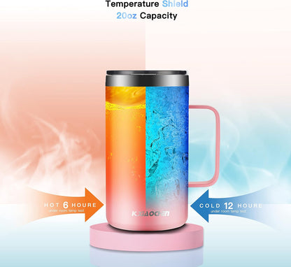 KXIAOCHEN 20oz Insulated Coffee Mug with Lid, Stainless Steel Coffee Cup, Double Wall Vacuum Coffee Tumbler with Handle, Premium Thermal Travel Coffee Mug (Pink)