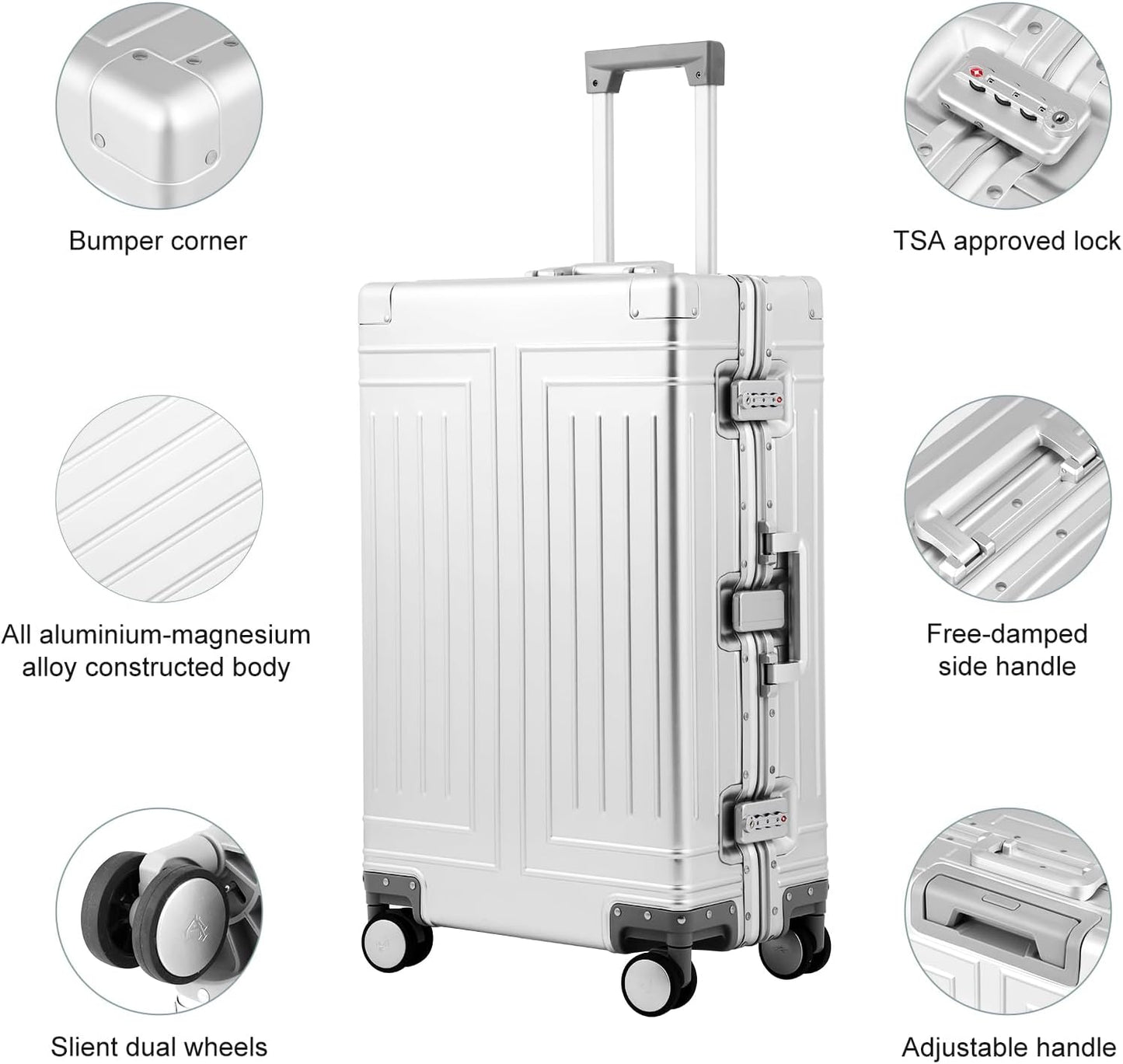 All Aluminum Carry On Luggage，Cut from Whole Aluminum Sheet，22x14x9 Airline Approved ，（3rd Generation，Premium Metal zipperless suitcase ） (silvery, 26inch)