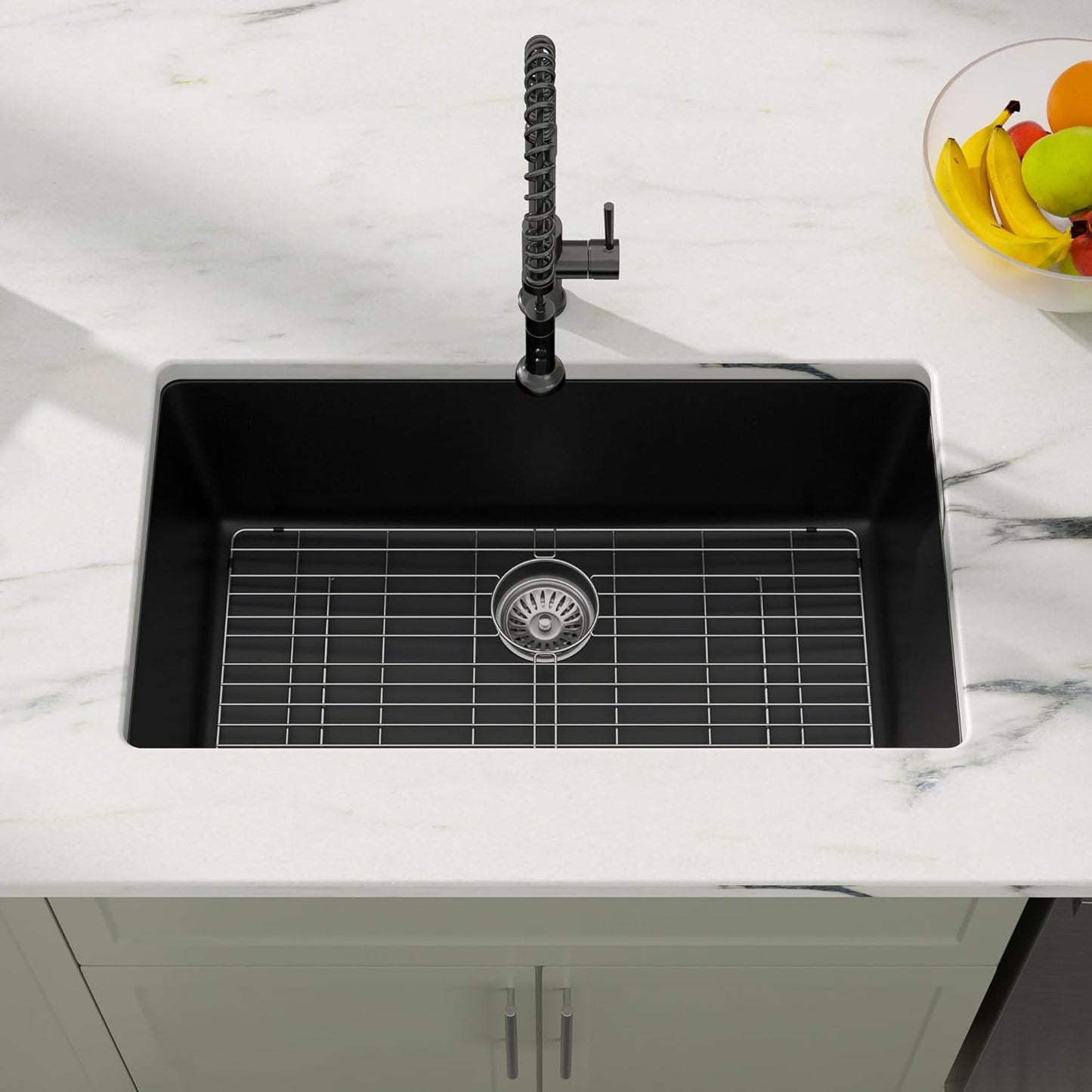Dcolora 33 Inch Granite Composite Kitchen Sink, Black Undermount Kitchen Sinks Deep Single Bowl, 33"x19", Round Corner, DC-GU7749