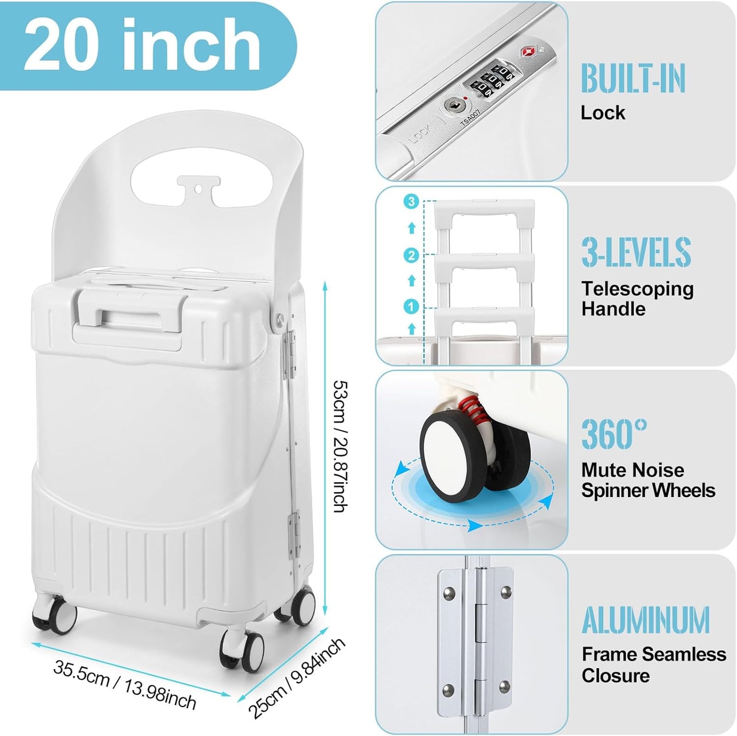Carry on Luggage with Seat for Kids Expandable Ride on Suitcase with Spinner Wheels and Locks for Travel (20 Inch,White)