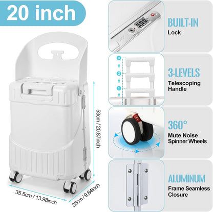 Carry on Luggage with Seat for Kids Expandable Ride on Suitcase with Spinner Wheels and Locks for Travel (20 Inch,White)
