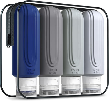 Travel Bottles for Toiletries, Large 6oz Oversize Containers, BPA Free Leak Proof Tubs Refillable Liquid Traveler Accessories with Toiletry Bag for Cometic Shampoo and Lotion Soap (4 Pack)