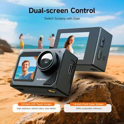 SVBONY SVGo2 Action Camera 4K30FPS 50MP, 5X Zoom Touch Screen Sports Camera, Waterproof Cameras,6-Axis EIS with Floating Selfie Stick, Wired Microphone, 2 Batteries, for Sports Vlog