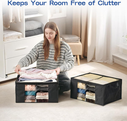 Clothes Storage Bags, Foldable Thick Fabric Blanket Storage Bags, Large Clear Window & Carry Handles, Great for Clothes, Blankets, Closets, Pillows, Toys (Black, 6PACK)