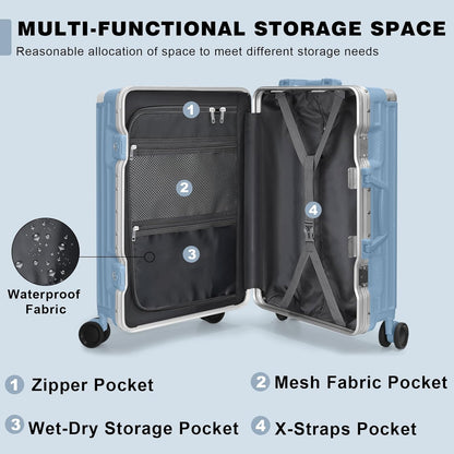 AnyZip Carry On Luggage PC+ABS Aluminum Frame Zipperless Luggage Hard Shell Suitcase with TSA Lock Double Spinner Wheels 20 Inch Haze Blue
