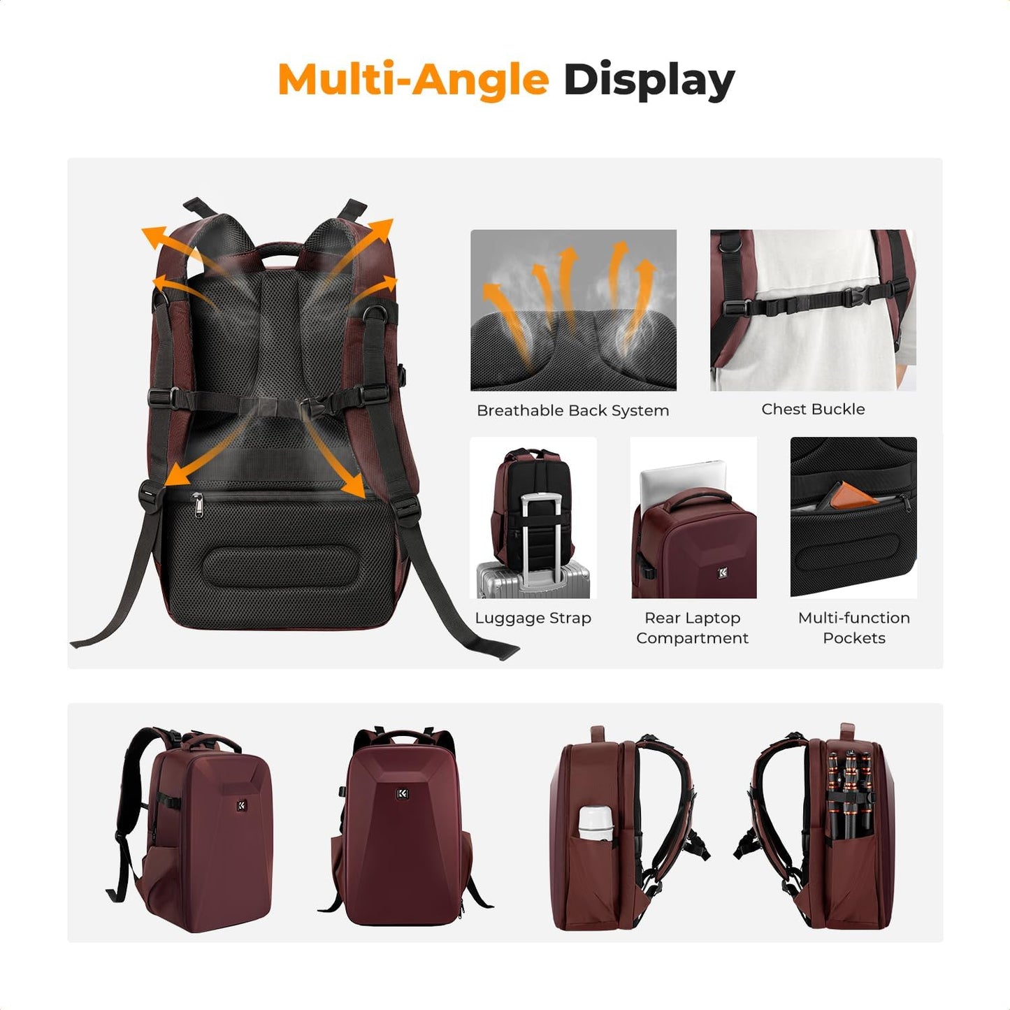 K&F Concept Camera Backpack,Hardshell Photography DSLR Camera Bag with 15-15.6 Inch Laptop Compartment Waterproof Hard Shell Camera Case Compatible with Canon/Nikon/Sony/DJI Mavic Drone