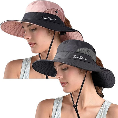 ZOORON Women's Ponytail Safari Sun Hat,Wide Brim UV Protection Outdoor Bucket Hat,Foldable Beach Summer Fishing Hat