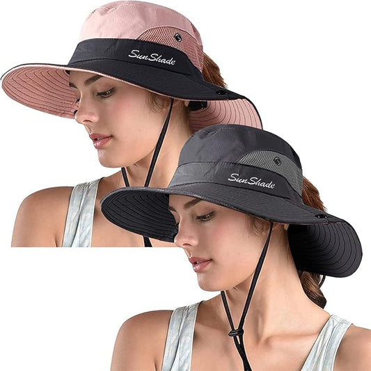 ZOORON Women's Ponytail Safari Sun Hat,Wide Brim UV Protection Outdoor Bucket Hat,Foldable Beach Summer Fishing Hat