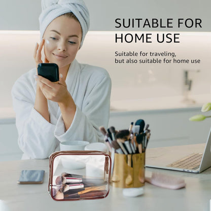 3Pcs Crystal Clear PVC Travel Toiletry Bag Kit for Women Men, Waterproof Vinyl Packing Organizer Storage Bags with Zipper Handle Straps, Cosmetic Pouch Carry on Airport Airline Compliant Bag Handbag