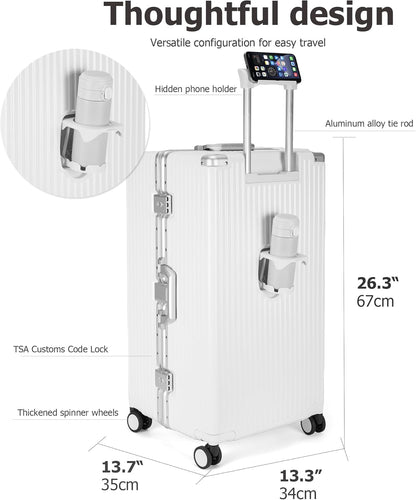 feilario 26in Super Large Captain Aluminum Frame Hardside Spinner Wheels Luggage, Zipperless Checked Suitcase with Cup Holder/Phone Holder