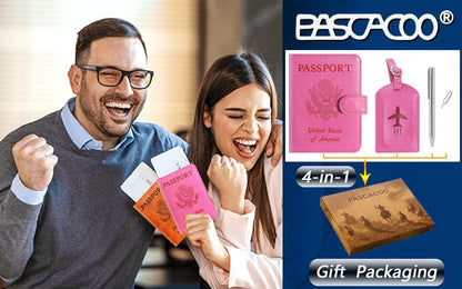 Passport Holder With Luggage Tag Cover Wallet RFID Blocking Leather Case Travel Essentials Accessories Travel Must Have(114#Pink)