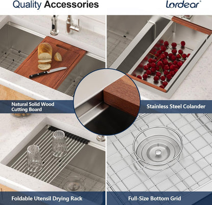 Lordear 36 Inch Undermount Kitchen Sink Double Bowl Stainless Steel Kitchen Sinks 50/50 Low Divided 16 Gauge Undermount Sink 36x19x10 Inch Handmade
