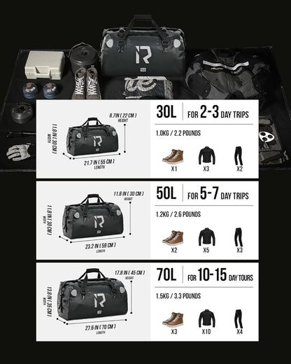 IRON JIA'S Motorcycle Dry Bag - Waterproof Duffle & Luggage Tail Bag Saddle Bags with Roll Top Closure, Shoulder Straps, Inner Pocket and Mesh Pocket (Black, 50L)