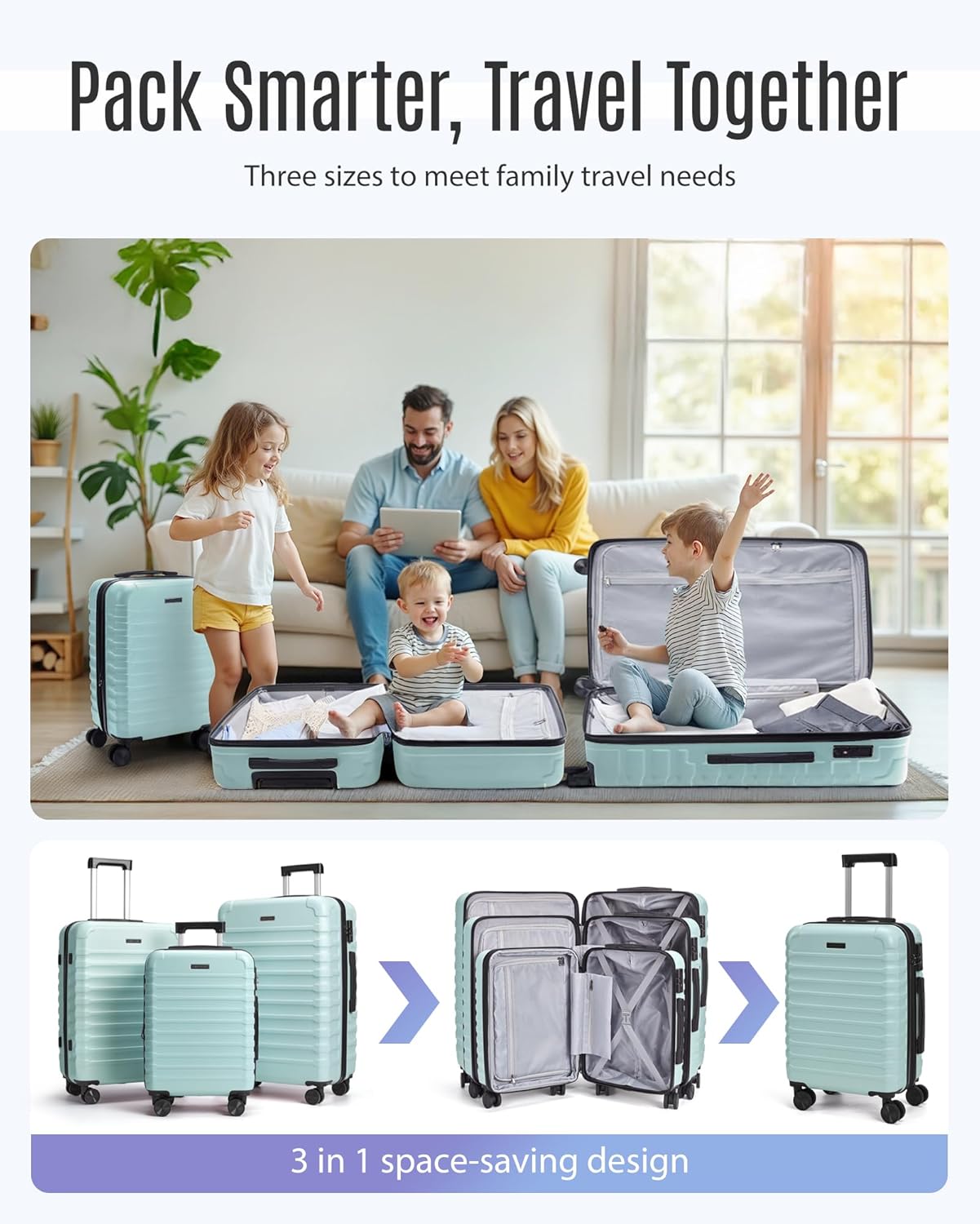 LIGHT FLIGHT Luggage Sets, 3 Piece Durable Suitcase Set with Spinner Wheels, 3 Pcs Hardside Lightweight luggage with TSA Lock, Large Checked Travel Suitcases, 20/24/28 Inch,Mint Green