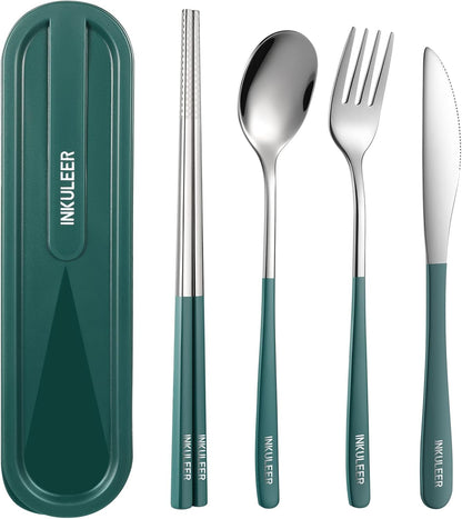 Travel cutlery set, 18/8 stainless steel cutlery, Reusable utensils set with case, Portable Silverware Lunch Box for Camping and Office