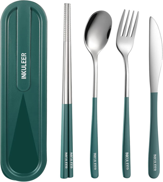 Travel cutlery set, 18/8 stainless steel cutlery, Reusable utensils set with case, Portable Silverware Lunch Box for Camping and Office