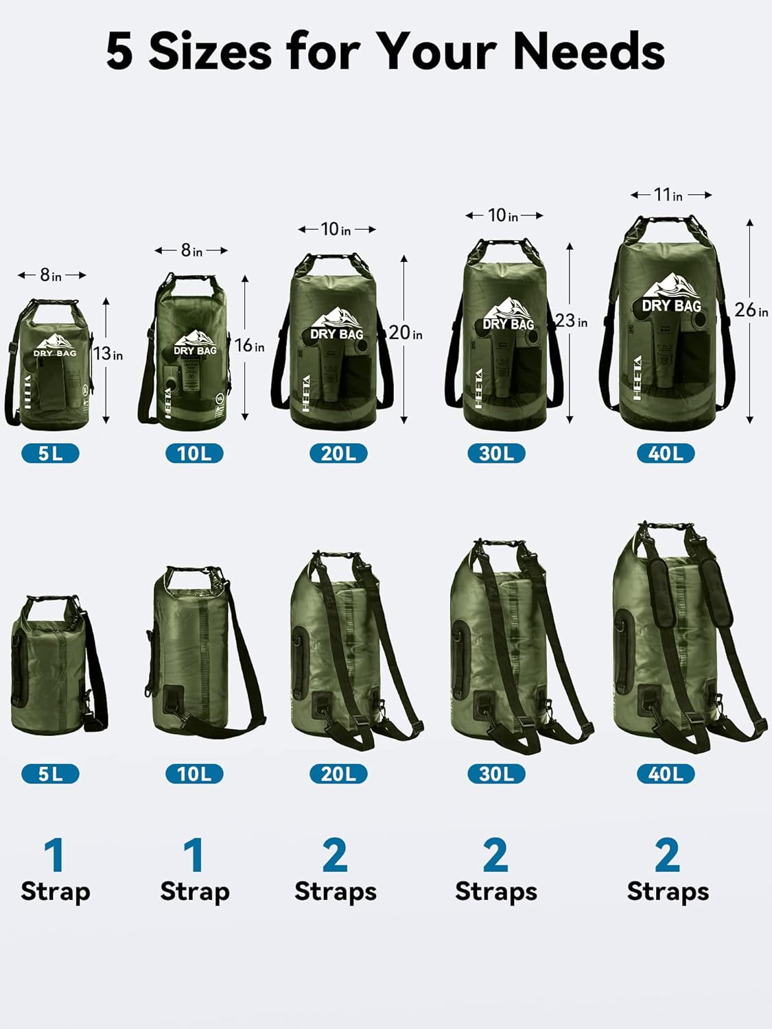 HEETA Dry Bag Waterproof for Women Men, 5L/10L/20L/30L/40L Roll Top Lightweight Dry Storage Bag Backpack with Phone Case for Travel Swimming Boating Kayaking Paddle Board Camping Beach Accessories
