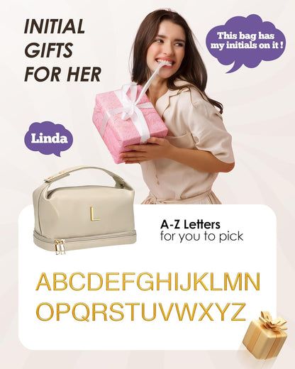 Initial Makeup Bag, Personalized Bags with Handle, Waterproof Double Layer Cosmetic Bag, Large Capacity PU Leather Makeup Bags Letter Travel Toiletry Bag with Makeup Brush Organizer
