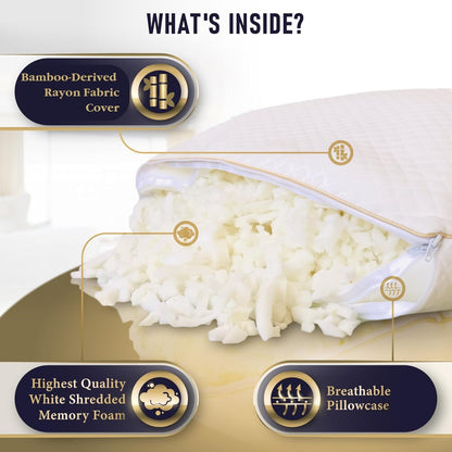 Royal Therapy King Size Pillows, Memory Foam Pillow - Shredded Foam, Hypoallergenic Bamboo-Derived Rayon Cover, CertiPUR-US Certified, Removable Cover, for All Sleep Positions, Neck Pain Relief