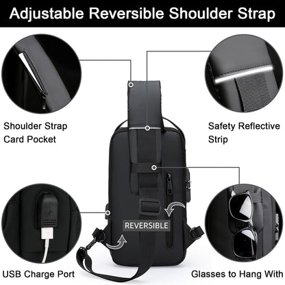 Sling Bag for Men Anti-theft USB Crossbody Shoulder Backpack Purse Waterproof PU Leather Chest Bag Travel Daily Use