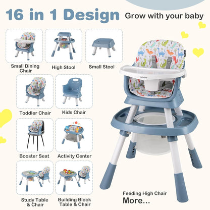 BABY JOY 16 in 1 High Chair, Convertible Baby Highchair for Babies and Toddlers with Activity Center, Booster Seat, Building Block Table, Toddler Chair with Safety Harness, Removable Tray (Blue)