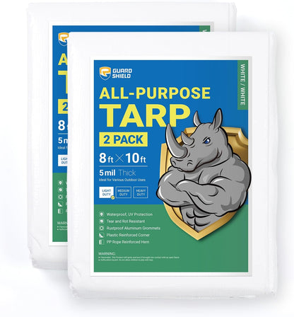 GUARD SHIELD Tarp White 8x10 Feet Multi Purpose Waterproof Poly Tarp Cover 5mil (2-Pack)