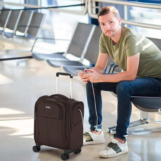 16 Inch Underseat Carry On Luggage with Wheels Softside Small Suitcases Personal Item Bag with Pocket Travel Luggage for Men Women Business Overnight Bag(Coffee)
