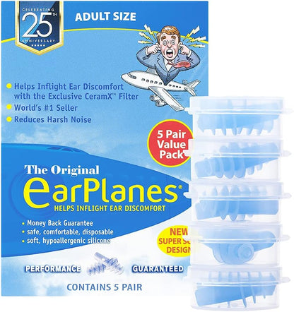 New Super Soft Adult EarPlanes® Ear Plugs Airplane Travel Ear Protection 5 Pair