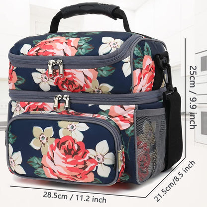 FlowFly Double Layer Cooler Insulated Lunch Bag Adult Lunch Box Large Tote Bag for Men, Women, With Adjustable Strap,Front Pocket and Dual Large Mesh Side Pockets