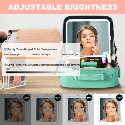 Mocado Travel Makeup Bag with LED Lighted Mirror, Travel Makeup Organizer, Makeup Case with 3 Color Lighted Setting and 10x Magnifying Mirror, Portable Storage and Adjustable Dividers (Powdery Green)