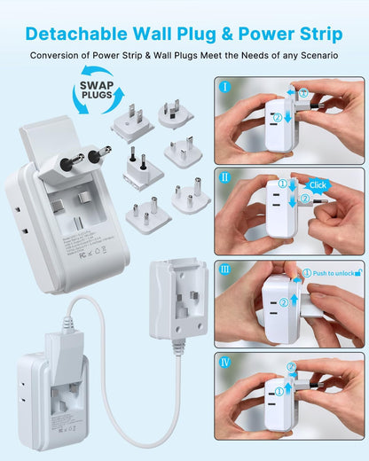 VINTAR Universal Travel Adapter Kit, 0.5ft Detachable Extension Cord with 4 AC Outlets & 3 USB(2 USB C), Type A/C/G/D/I/M International Power Adaptor for US to Europe UK India South Africa Japan