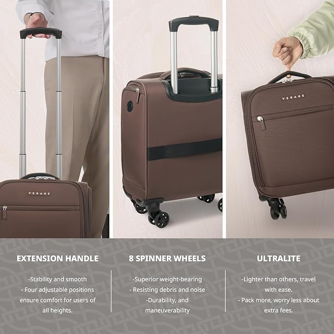 Verage Underseat Carry On Luggage with Wheels, 14.5-Inch Spinner Small Suitcase, Softside Lightweight Travel Bag for Men and Women, Airplane Carry On Bag, Chestnut Brown