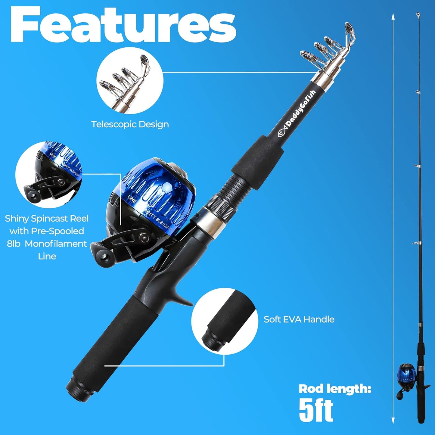 DaddyGoFish Kids Fishing Pole - Rod Reel Combo Tackle Box Starter Set - First Year Small Dock Gear Kit for Boys Girls Toddler Youth Age Beginner Little Children Junior Anglers Older Kids