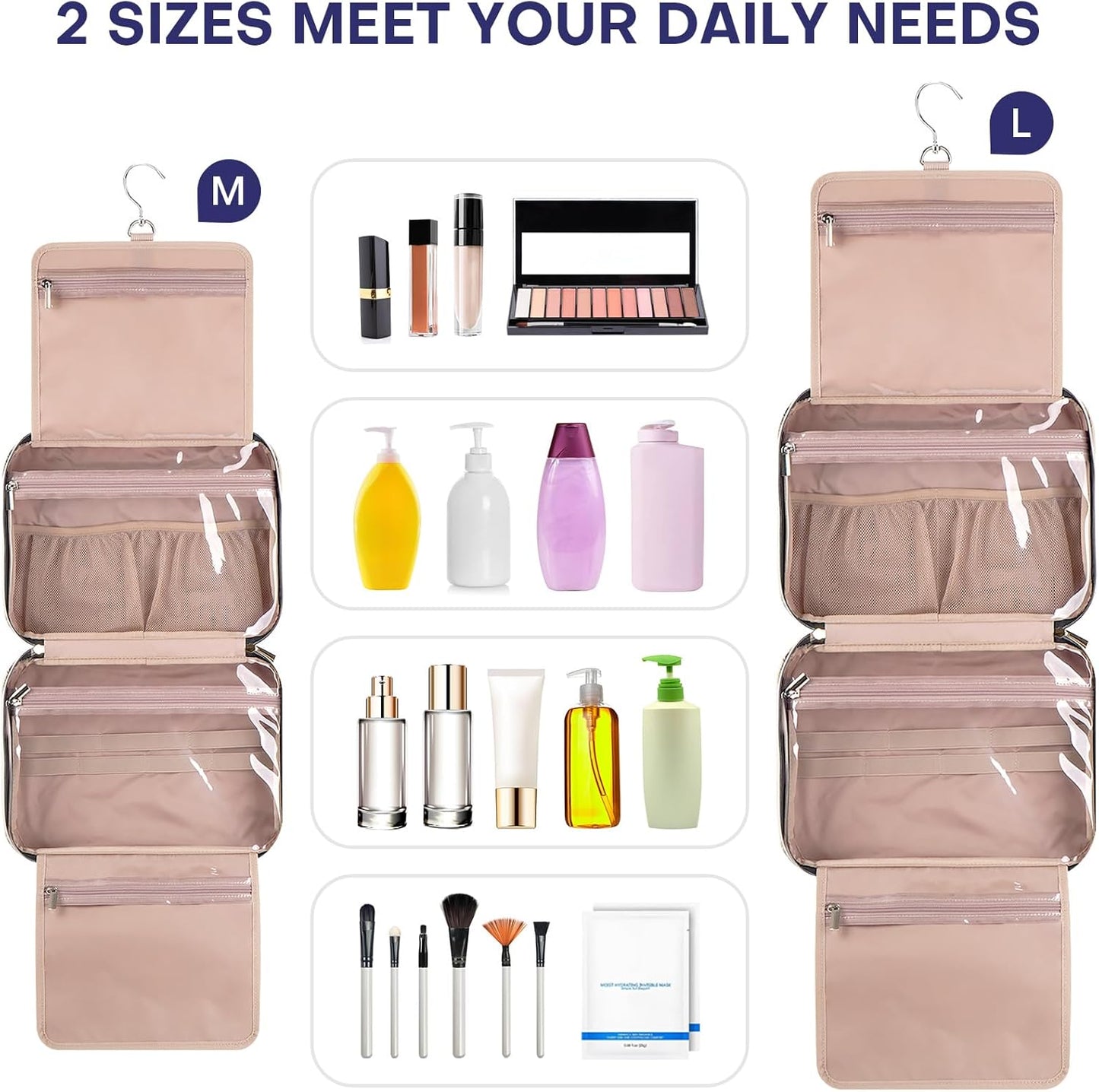 Hanging Toiletry Bag for Women Travel, 2 Sizes Large & Small Waterproof Cosmetic Organizer with 4 Compartments, Rotating Hook, Foldable Pink Travel Bag for Toiletries & Makeup, Large Grey Blue