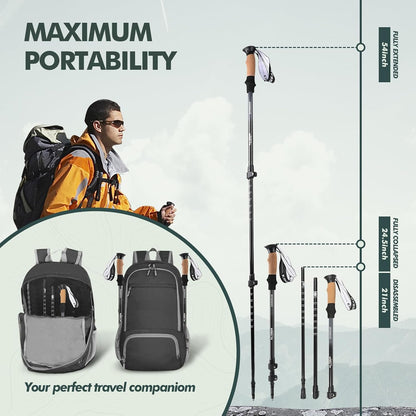 KINGGEAR Nordic Walking Stick, TP1 Hiking Poles Retractable Lightweight 7075 Aluminum, Trekking Poles with Flip Lock, Natural Cork and EVA Grip, 2pc Hiking Gear