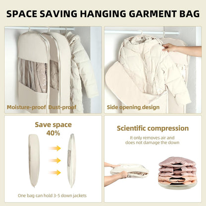 2 Pack Space Saving Garment Bag with Self Compression Zipper, Garment Bags for Hanging Clothes, Compression Bags for Storage, Hanging Garment Bag for Coats and Down Jackets (M, Beige)
