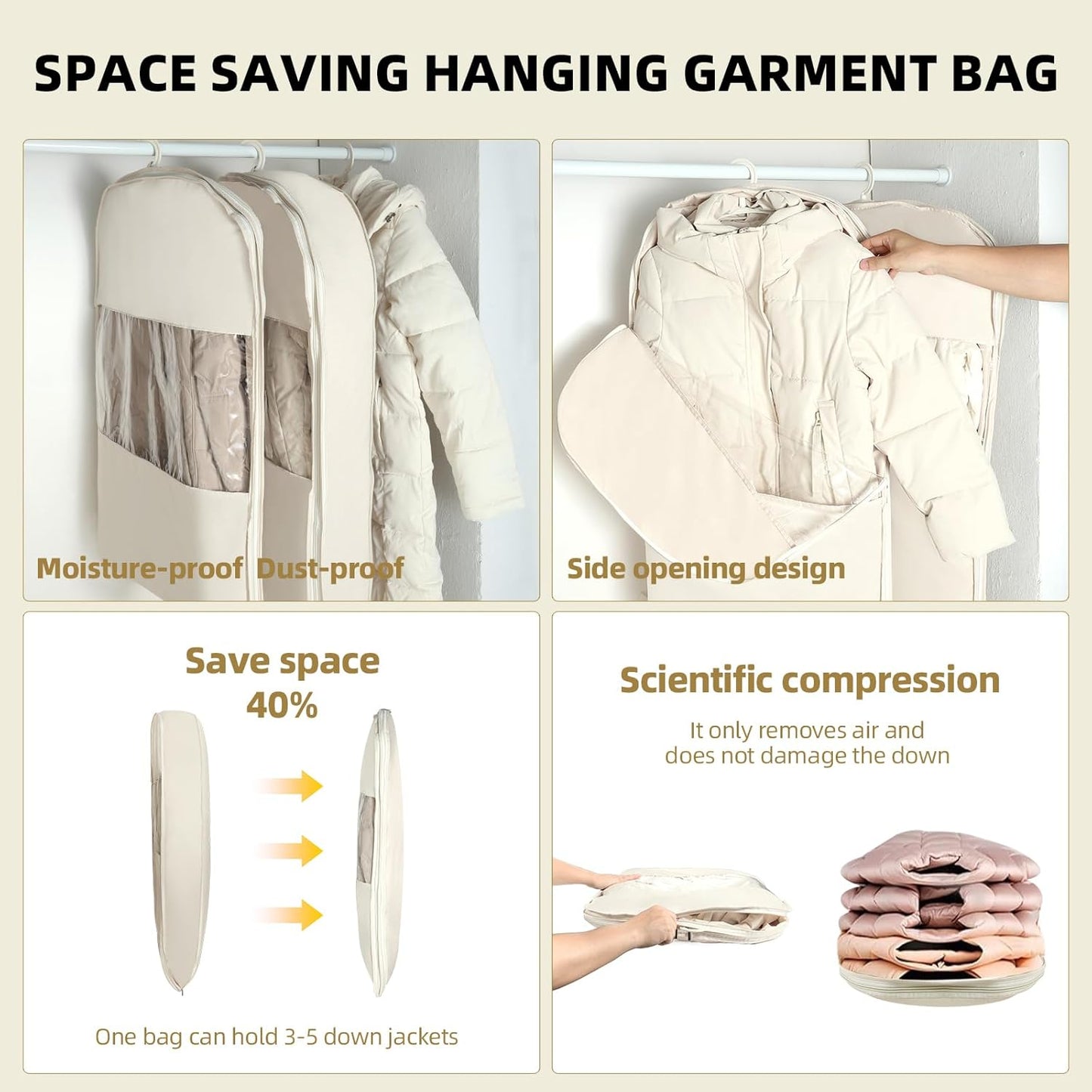 3 Packs Space Saving Garment Bag with Self Compression Zipper, Travel Suit Bags for Closet Storage, Hanging Garment Bag for Coats, Down Jackets (M+L+XL,Beige)