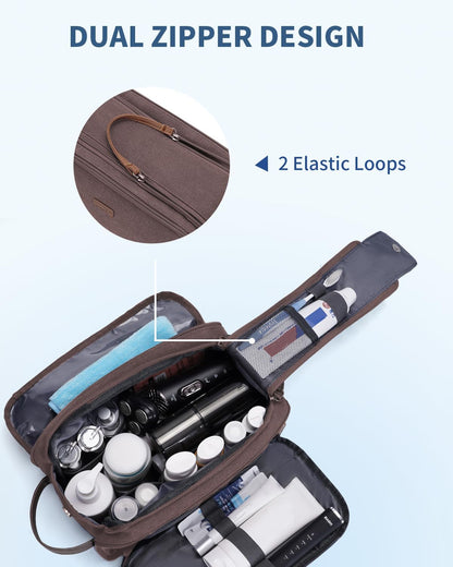 WANDF Toiletry Bag for Men Travel Toiletry Organizer Canvas and Leather Dopp Kit Water-Resistant Shaving Bag for Travel Accessories (Brown, Large)
