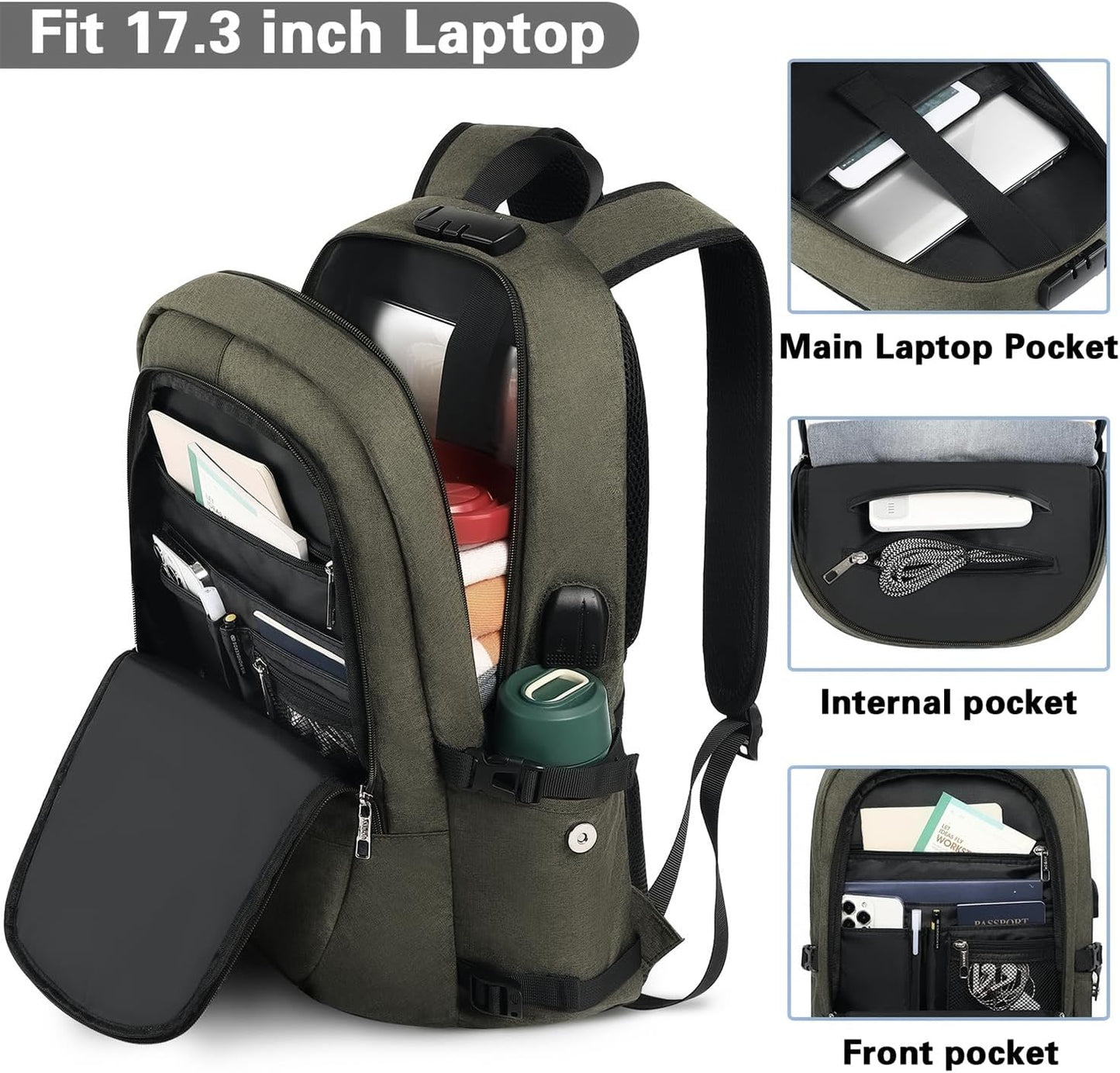 AMBOR Anti Theft Backpack, 15.6-17.3 inch Business Laptop Carry on Backpack with USB Charging Port and Headphone Interface, Travel Backpack for Men & Women
