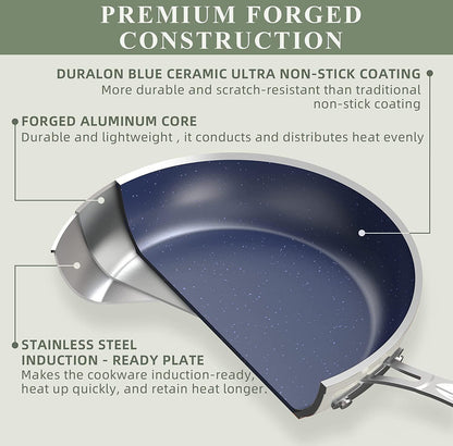 Nuwave 9pc Cookware Set Healthy Duralon Blue Ceramic Nonstick Coated, Diamond Infused Scratch-Resistant, PFAS Free, Oven Safe, Induction Ready & Evenly Heats, Tempered Glass Lids & Stay-Cool Handle