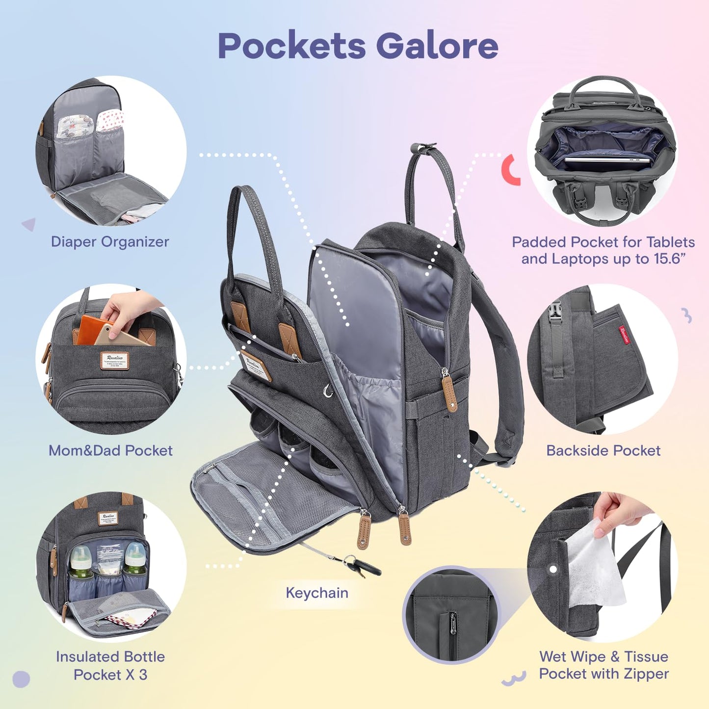 RUVALINO Diaper Bag Backpack, Multifunction Travel Pack Maternity Baby Changing Bags, Large Capacity, Waterproof, Dark Gray
