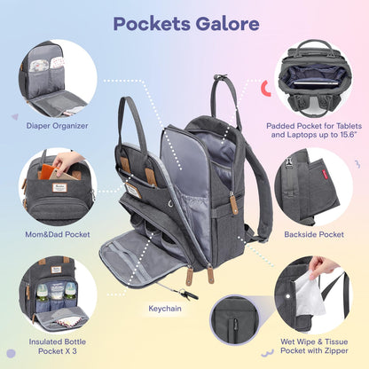 RUVALINO Diaper Bag Backpack, Multifunction Travel Pack Maternity Baby Changing Bags, Large Capacity, Waterproof, Dark Gray