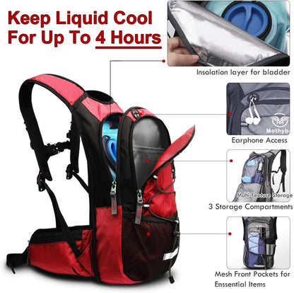 Insulated Hydration Backpack Pack with 3L BPA Free Leak Proof Water Bladder, Large Storage Lightweight Hiking Daypack with Waist Pouches & Cooler Layer, for Running, Biking, Camping, Festival