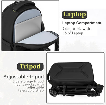 TORIBIO Camera Backpack, Hardshell DSLR Photography Camera Bag, Waterproof Hard Shell Camera Case with Tripod Holder & 15.6" Laptop Compartment Compatible with Canon/Nikon/Sony/DJI Mavic Drone