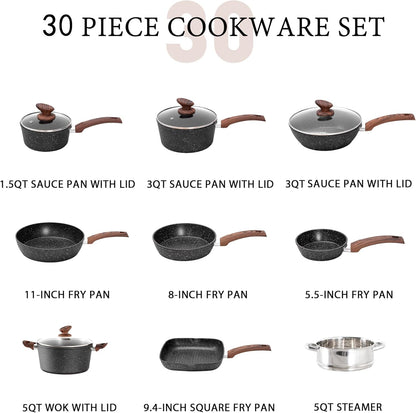 MAISON ARTS 30 Piece Pots and Pans Set Non Stick, Kitchen Cookware & Bakeware Sets with Nonstick Granite Coating, Baking Tray, Frying Pan and Saucepan, Black